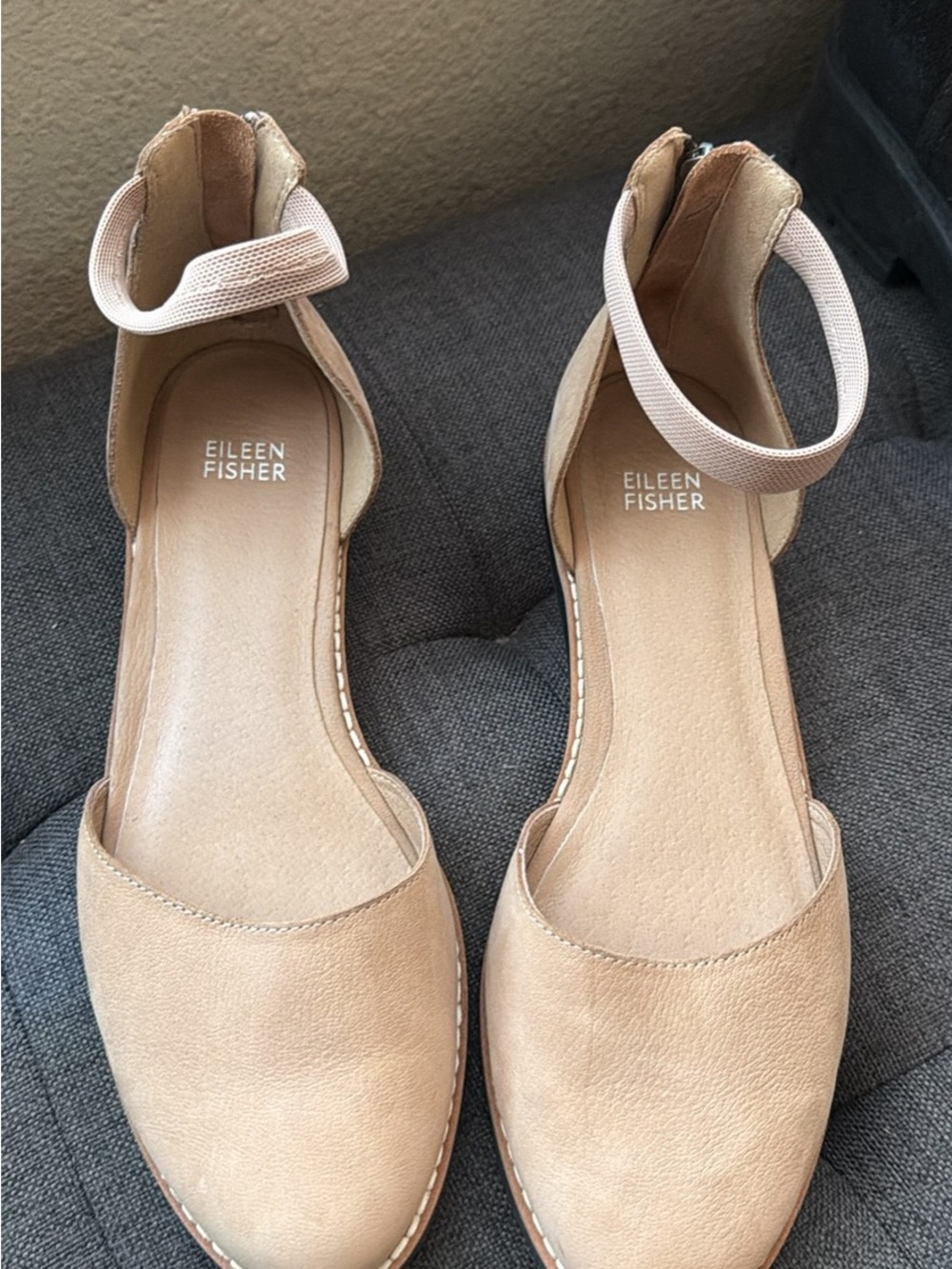 Eileen Fisher Beige Leather Ankle-Strap Flats